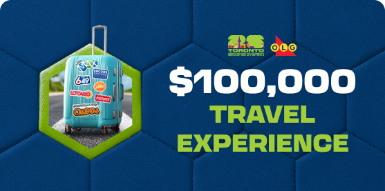A suitcase covered with logos of OLG games with text that says '$100,000 TRAVEL EXPERIENCE'.